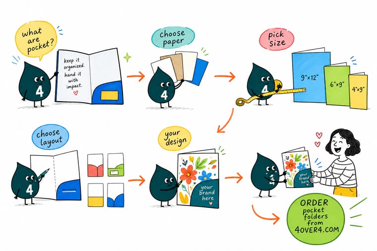 Wally, the 4OVER4 mascot with a 4, sliding documents and a business card into a branded pocket folder
