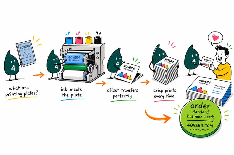 Wally, the 4OVER4 mascot holding a 4, imaging four CMYK plates from an uploaded file and pointing to an order button