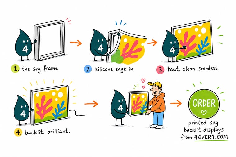 Wally, the 4OVER4 mascot, tucking the silicone edge of a printed fabric panel into the groove of an aluminum SEG frame