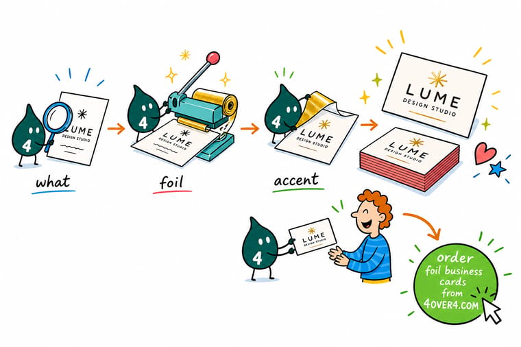 Wally, the 4OVER4 mascot with a 4, pressing a shiny metallic foil accent onto a business card logo