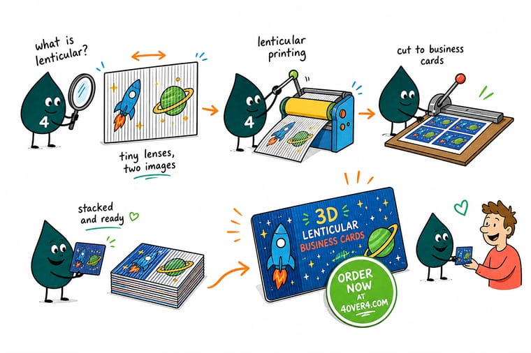 Wally, the 4OVER4 mascot with a 4, tilting a lenticular card so a flat image pops into 3D