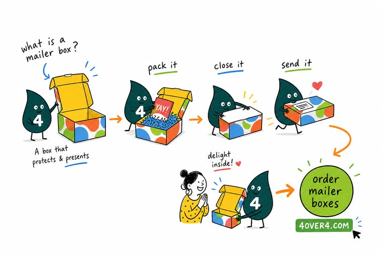 Wally, the 4OVER4 mascot holding a 4, standing between a compact self-locking mailer box and a taped shipping box and pointing to the mailer as the retail-ready pick