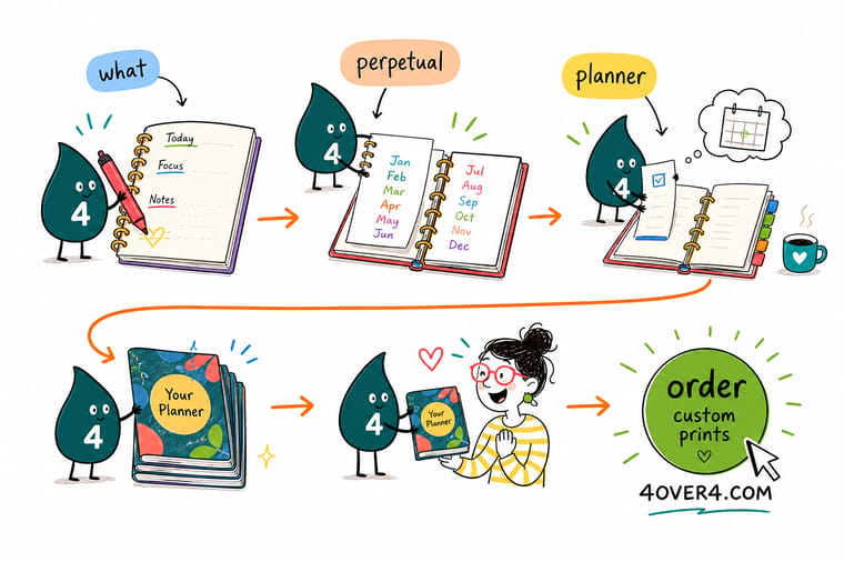 Wally, the 4OVER4 mascot with a 4, writing his own dates into an undated planner spread that folds back flat on the desk