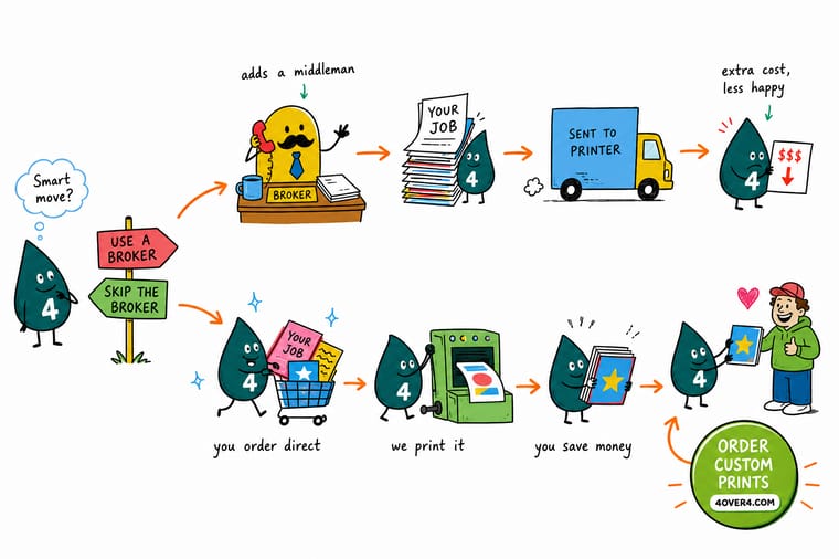 Wally, the 4OVER4 mascot with a 4, lifting a broker box off a diagram so the customer connects straight to the printing press