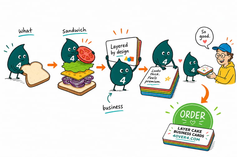 Wally, the 4OVER4 mascot with a 4, holding up a layered sandwich business card to show the colored core edge
