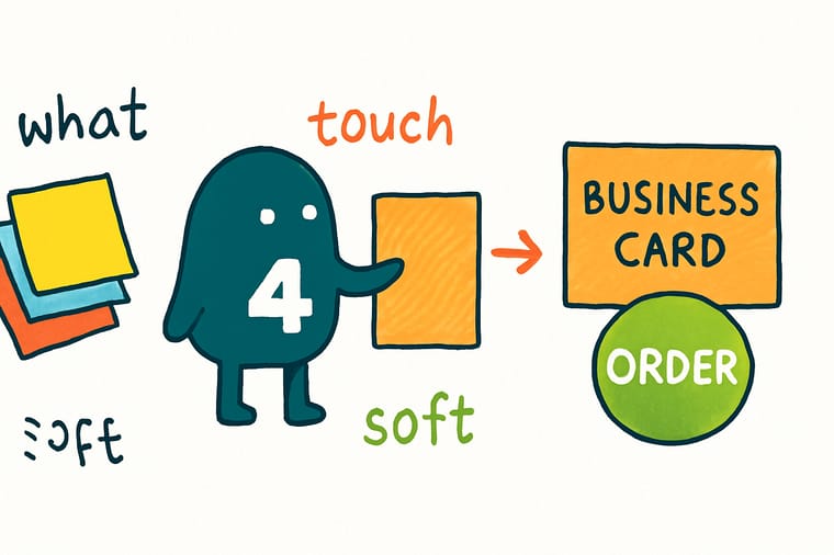 Wally, the 4OVER4 mascot with a 4, running a finger across a velvety soft touch business card