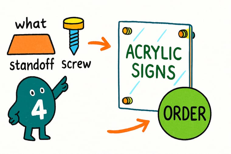 Wally, the 4OVER4 mascot with a 4, mounting an acrylic sign on standoff hardware so it floats off the wall