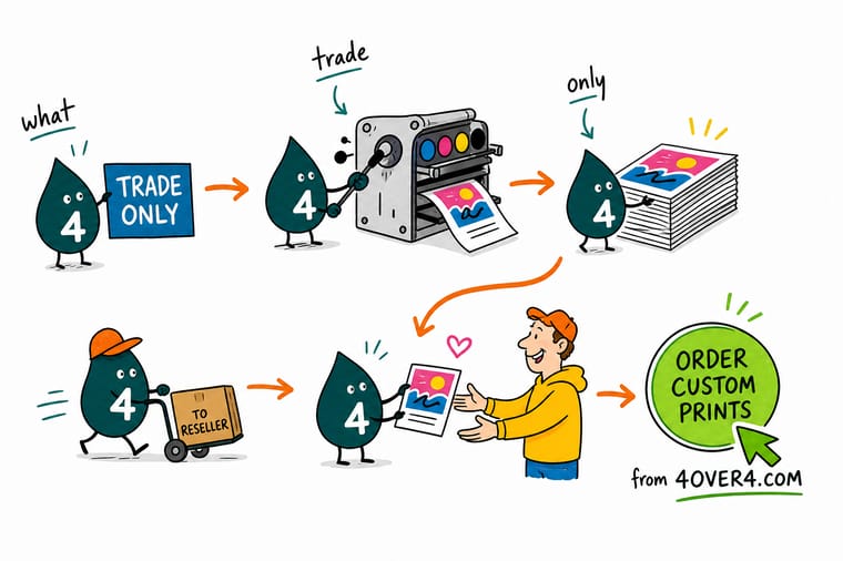 Wally, the 4OVER4 mascot with a 4, handing a plain unbranded carton to a reseller's client while the printer's logo stays behind on the press