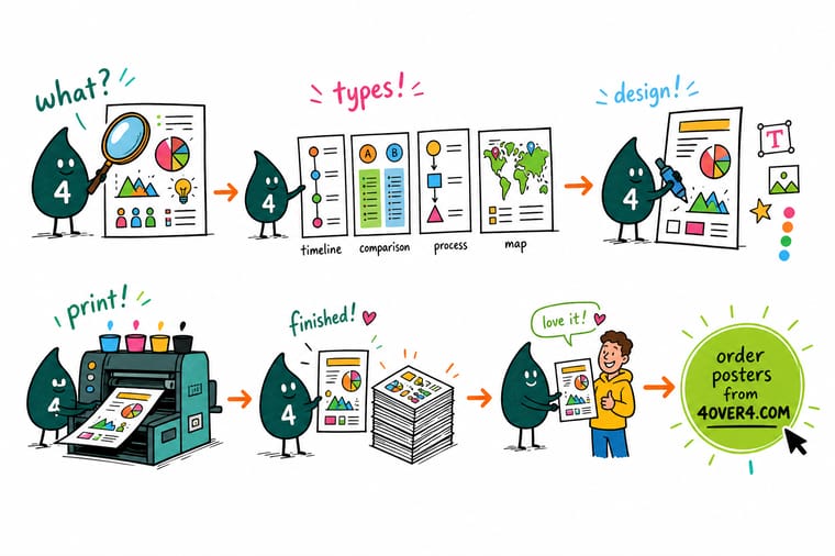 Wally, the 4OVER4 mascot holding a 4, pointing at an infographic poster full of charts and icons