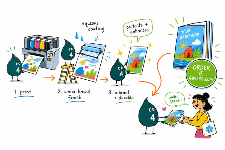 Wally, the 4OVER4 mascot with a 4, brushing a clear aqueous coat over a printed brochure so it stays smudge-free