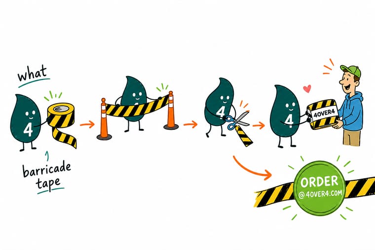 Wally, the 4OVER4 mascot holding a 4, strings a run of printed barricade tape across a hazard while an orange arrow leads to an order button