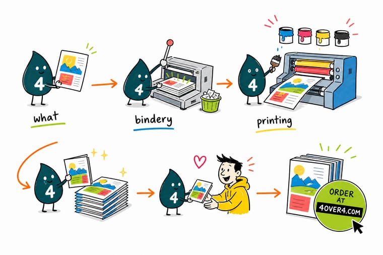 Wally, the 4OVER4 mascot holding a 4, feeding printed sheets through folding and binding machines that output a saddle-stitched, a perfect-bound, and a coil booklet, with an arrow to an order button