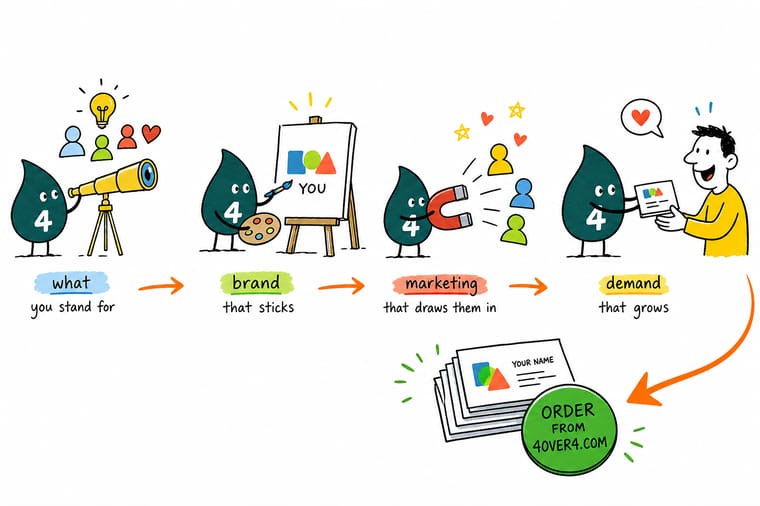 Wally, the 4OVER4 mascot holding a 4, lining up a business card, a folder, and a poster that all share the same brand colors