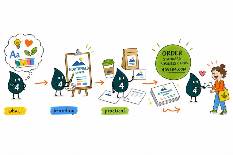 Wally, the 4OVER4 mascot with a 4, connecting a brand idea to a printed business card, letterhead and sign