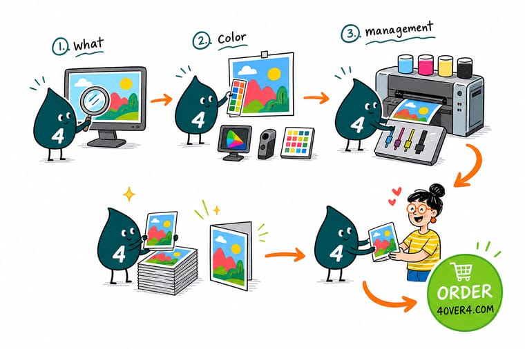 Wally, the 4OVER4 mascot holding a 4, matching a color on a calibrated screen to the same color on a printed sheet