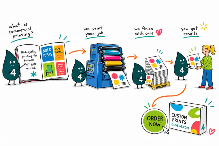 Wally, the 4OVER4 mascot with a 4, standing between an offset press and a digital press holding a stack of brochures, a vinyl banner and a printed shirt