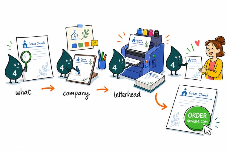 Wally, the 4OVER4 mascot, holding a printed company letterhead sheet and pointing at the logo, contact block, and empty body area