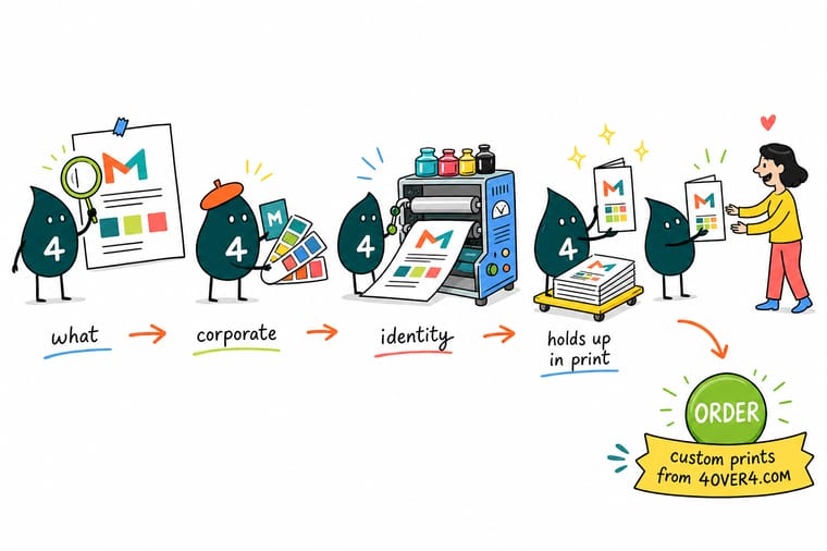 Wally, the 4OVER4 mascot with a 4, pinning a logo, a typeface, a Pantone chip and a corner radius onto a board and matching them to a printed card, letterhead and folder