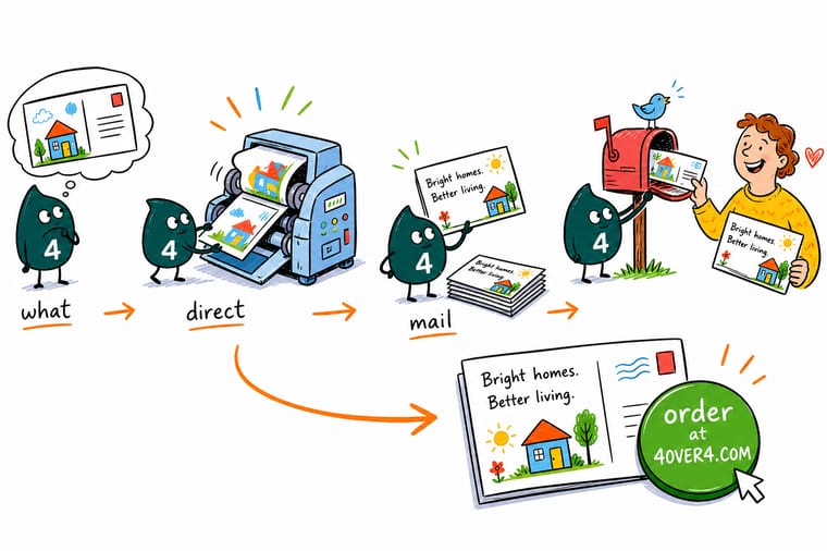 Wally, the 4OVER4 mascot holding a 4, moving a prospect down a mail funnel from postcard to brochure to letter and pointing to an order button