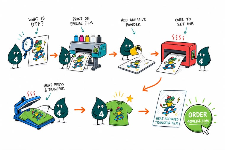 Wally, the 4OVER4 mascot with a 4, heat-pressing a full-color direct-to-film transfer onto a t-shirt