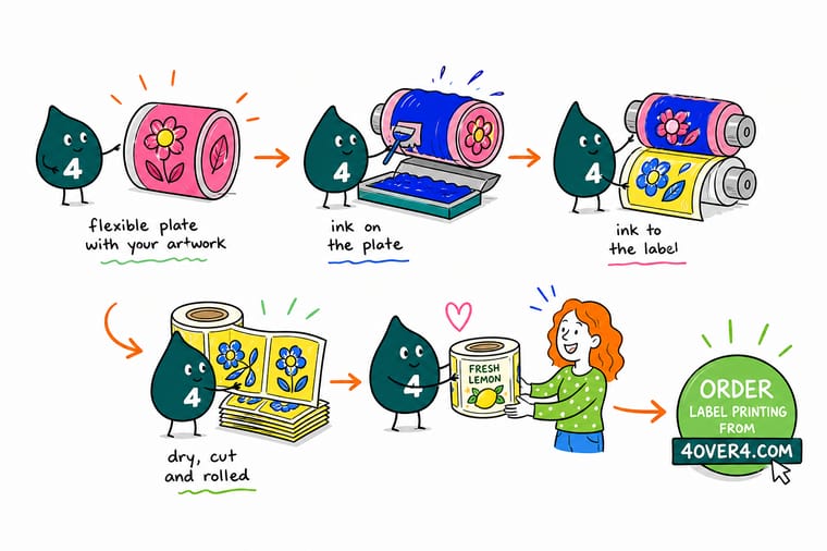 Wally, the 4OVER4 mascot with a 4, running a flexographic press that prints a roll of product labels