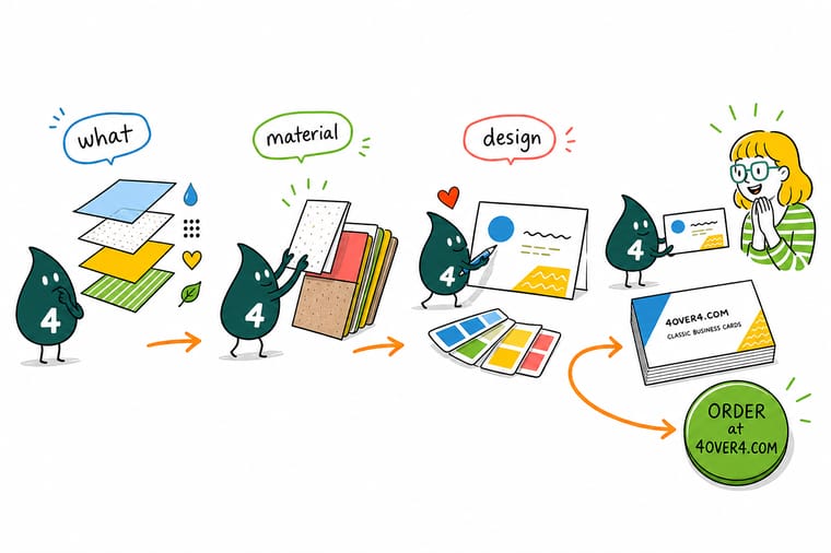 Wally, the 4OVER4 mascot with a 4, lifting a Material Design screen layer off a phone and setting it down as a printed business card