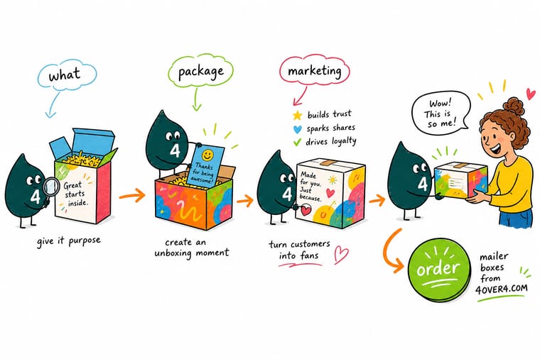 Wally, the 4OVER4 mascot holding a 4, opening a branded box with tissue, a label, a sticker, and an insert all matching one brand