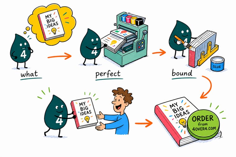 What Perfect Bound Book Printing Really Is And When To Use It explained by Wally, the 4OVER4 mascot holding a 4