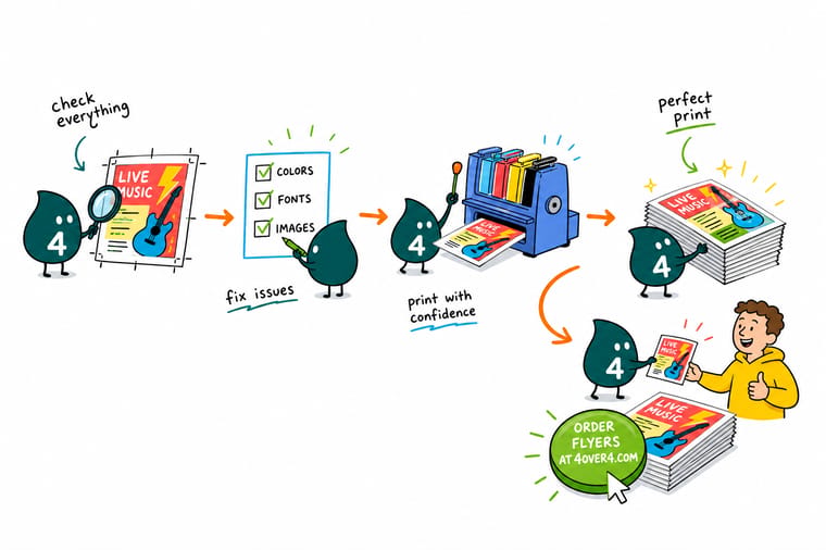 Wally, the 4OVER4 mascot holding a 4, running a print file through a preflight checklist that flags bleed, resolution, color, and fonts before it reaches the press, with an arrow to an order button