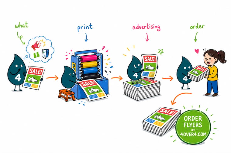 Wally, the 4OVER4 mascot holding a 4, handing out a flyer, a brochure and a mailer while an arrow points to an order button