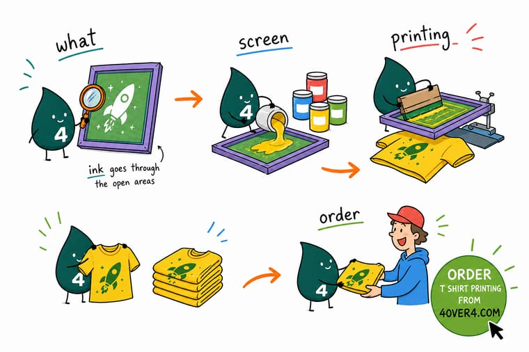 Wally, the 4OVER4 mascot with a 4, dragging a squeegee across a mesh screen to print a bold design on a tee