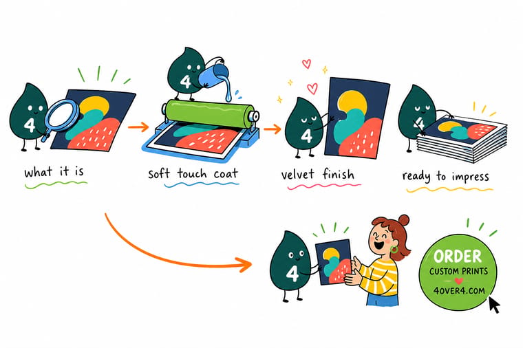 Wally, the 4OVER4 mascot with a 4, running a printed card through a laminator and stroking the velvet soft touch surface
