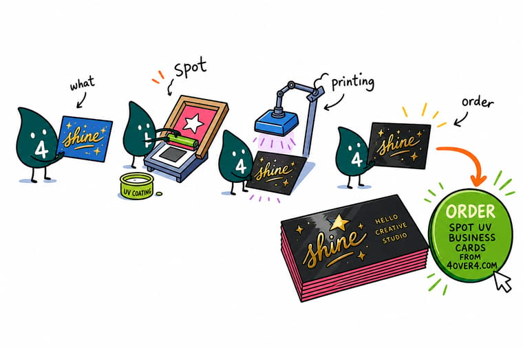 Wally, the 4OVER4 mascot with a 4, brushing a glossy spot UV coating onto a matte business card so the logo shines