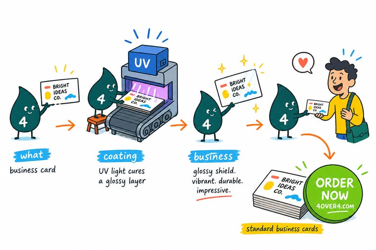Wally, the 4OVER4 mascot with a 4, holding a glossy UV-coated business card that catches the light