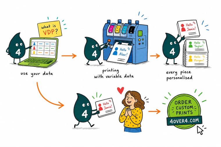 Wally, the 4OVER4 mascot with a 4, feeding a spreadsheet into a digital press that prints a different postcard for every row