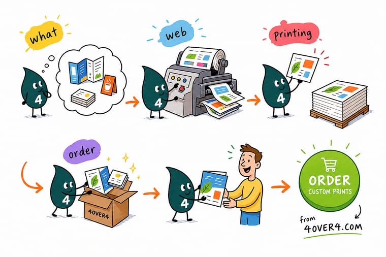 Wally, the 4OVER4 mascot with a 4, standing between a laptop showing an order screen and a giant paper roll feeding a press, pointing out that both are called web printing