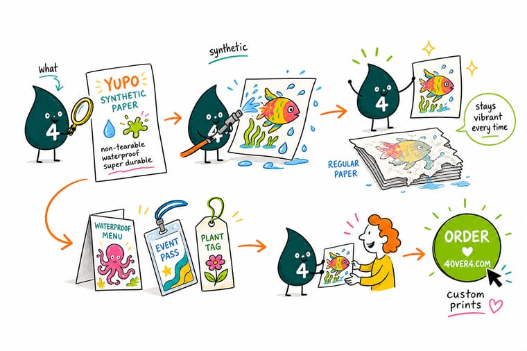 Wally, the 4OVER4 mascot with a 4, holding a synthetic sheet under a running tap while it stays flat, next to a paper sheet that has gone limp
