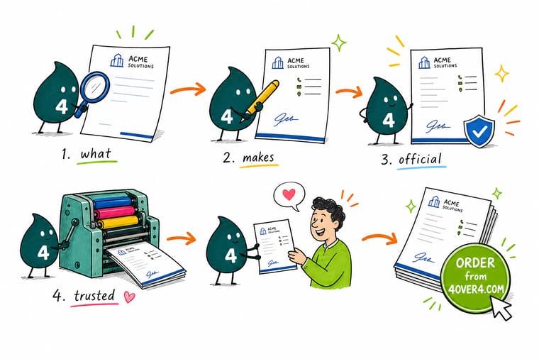 Wally, the 4OVER4 mascot holding a 4, pointing to the logo, contact block, legal footer, and matching envelope on an official letterhead
