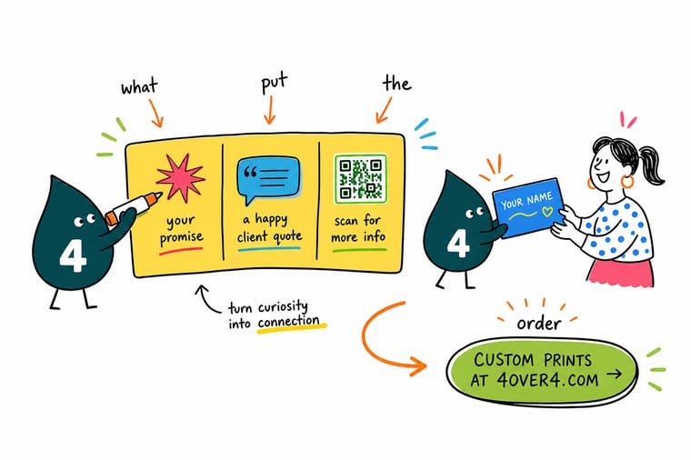Wally from 4OVER4 flipping a business card to reveal a QR code, logo, and tagline on the back