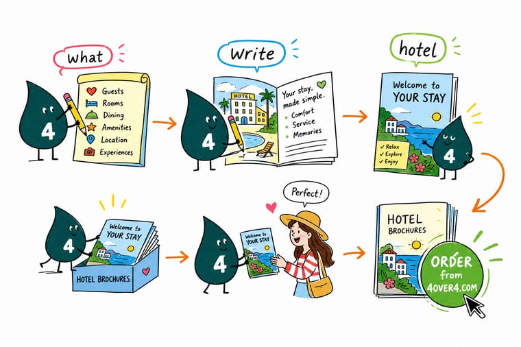 Wally, the 4OVER4 mascot holding a 4, mapping out a hotel brochure so the cover, rooms, rates, and booking QR each land on the right panel