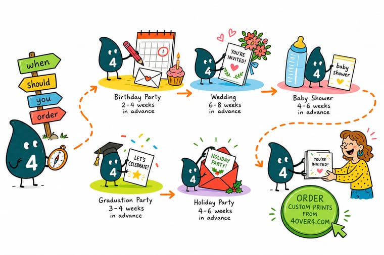 Wally, the 4OVER4 mascot with a 4, standing at a calendar and counting weeks backward from the party date to the day the invitations go in the mail