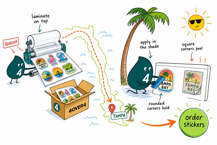 Wally, the 4OVER4 mascot with a 4, squeegeeing a laminated die-cut sticker onto a sun-hot panel under a Florida palm while a shipping box from Queens sits beside him