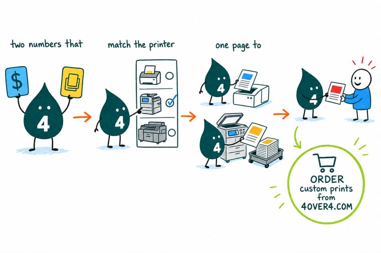 Wally, the 4OVER4 mascot with a 4 on his shirt, counting a stack of flyers, then pointing to a home printer for one page, a copy counter for a small stack and a delivery box of business cards for a large run