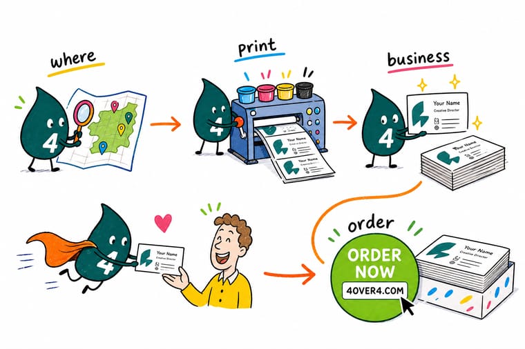 Wally, the 4OVER4 mascot with a 4, weighing where to print business cards across online, big-box, boutique, and home options