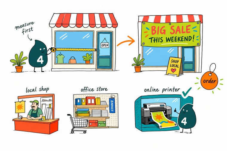 Wally from 4OVER4 measuring a storefront window and holding a printed retail banner with grommets along the hem