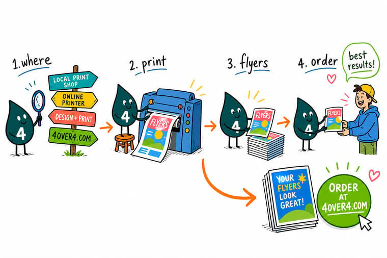 Wally, the 4OVER4 mascot with a 4, comparing a home printout against a crisp professionally printed flyer
