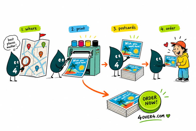 Wally, the 4OVER4 mascot with a 4, holding up a thick postcard and pointing to its paper, finish, and size options