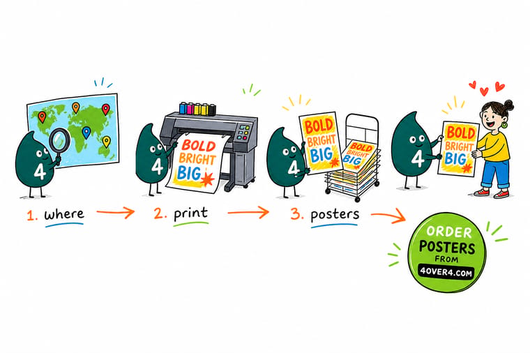 Wally, the 4OVER4 mascot with a 4, pointing to a wall of posters and showing where to get them printed