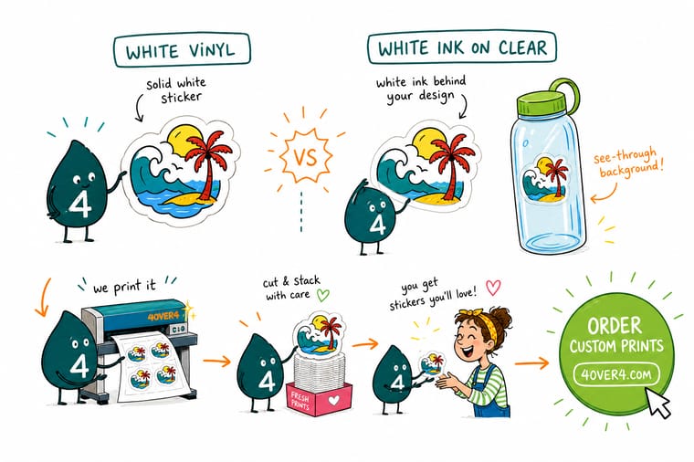 Wally, the 4OVER4 mascot with a 4, holding a clear sticker against a dark bottle and sliding a white ink layer in behind it so the colors go bright again