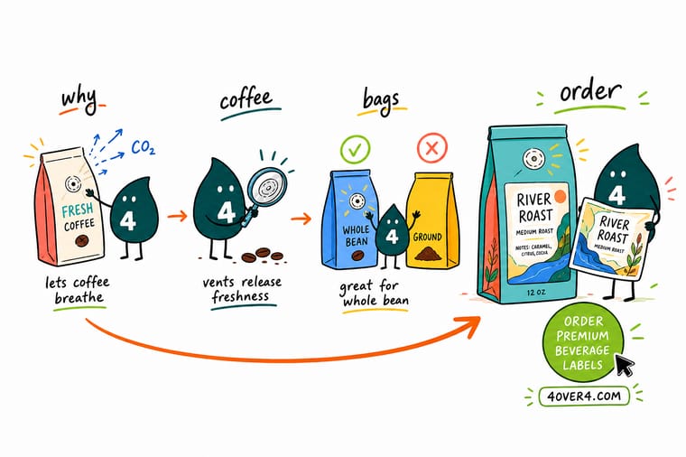 Wally, the 4OVER4 mascot with a 4, holding a coffee bag as a puff of CO2 escapes through the one-way valve while an oxygen molecule is blocked